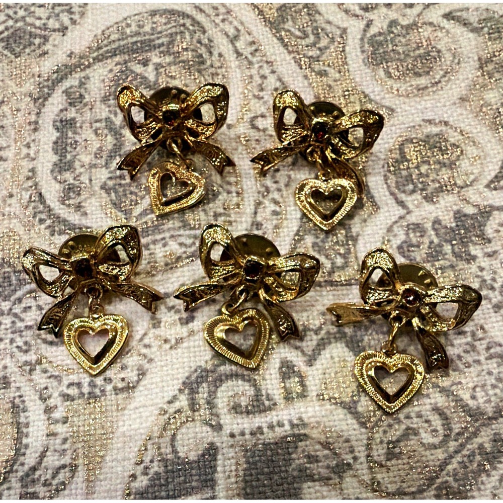 Lot of 5 Gold Tone Heart Bow Dangle Drop Earrings Screw Back No Stone